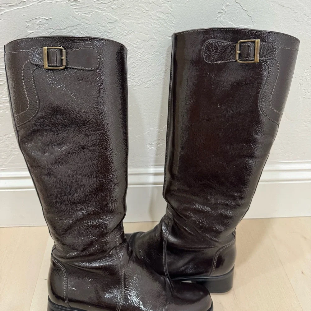 La CANADIENNE Laney Knee Boots Women's 6.5 Patent Dark Brown Waterproof Leather